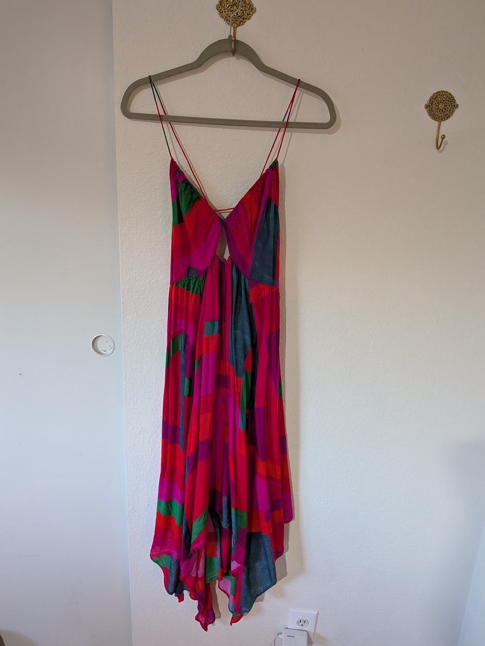 Anthropologie Pink + Green + Red Colorblock Spaghetti-Strap Dress
